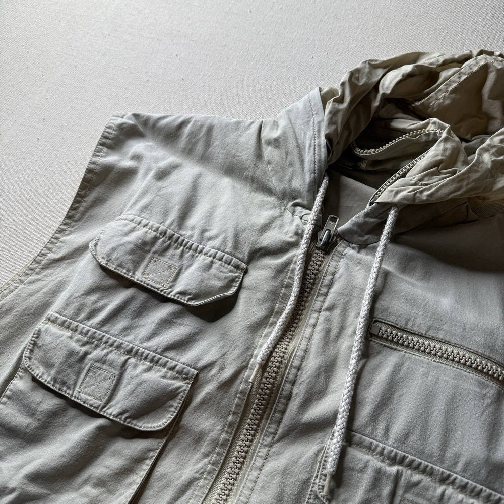 VTG Original Banana Republic Vest Mens XL Safari Multi Pocket Stowaway Hood